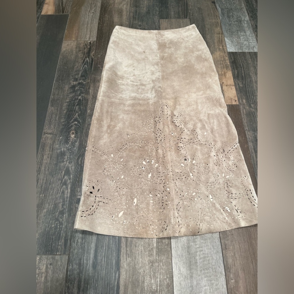 Wilsons Leather Pelle Studio Long Maxi Brown Suede Skirt Sz 6 Laser Cut Western